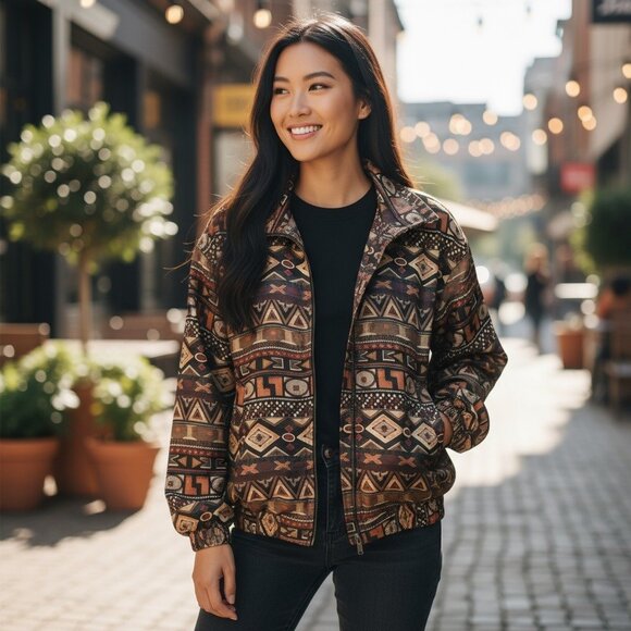 CoAco Vintage Silk Bomber Jacket L – Unisex Tribal Aztec Print Zip Up - Picture 3 of 12